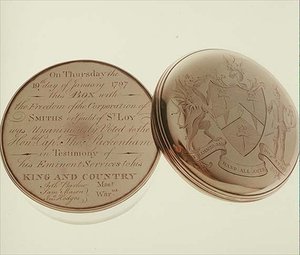 Vapauslaatikko, jonka Smithsin kaupunki lahjoitti kunniapuheenjohtaja T. Pakenhamille vuonna 1797 ja jonka on valmistanut James Keating, Dublin. tekijältä Irish School