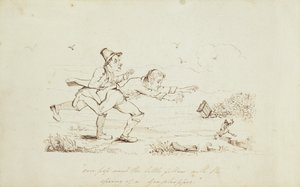 Yli Pop Went the Little Fellow with the Spring of a Heinäsirkka, kirjakuvitus, jossa on kaksi irlantilaista jahtaamassa leprechaunia, 1800-luku (kynä ja muste paperille) tekijältä Irish School