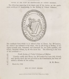 Belfastin Yhdistyneen Irlantilaisyhdistyksen sinetti, noin 1792 (kaiverrus). tekijältä Irish School