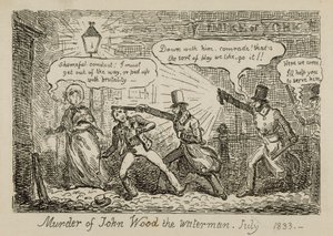 Vesimies John Woodin murha, heinäkuu 1833 (kaiverrus). tekijältä Isaac (after) Cruikshank