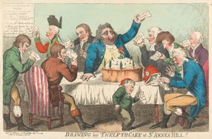 Zeichnung für den Zwölften-Kuchen in St. Annes Hill tekijältä Isaac Cruikshank