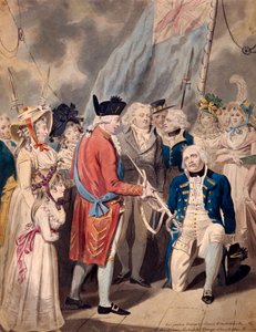 "George III esittelee miekan amiraali Earl Howelle", c1794 tekijältä Isaac Cruikshank