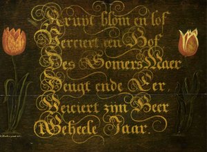 Kalligrafinen Maxim tulppaanien kanssa tekijältä Isaac Hondius