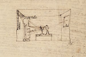 Ms. New Coll 3612 fol.45v Piirustus niin sanotusta ratkaisevasta kokeesta, joka näyttää auringon valon taittuvan yhden prisman läpi ja sitten taittuvan toisen prisman läpi (kynä ja muste paperille