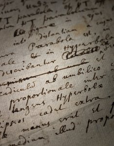 Kaksi sivua revisioita Principia Mathematicaan tekijältä Isaac Newton