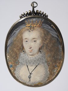 Lucy Russellin, Bedfordin kreivitär, muotokuva, n. 1608-1616 (akvarelli, kulta ja hopea, kullattu hopeakehys) tekijältä Isaac Oliver