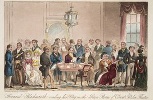Bernard Blackmantle lukee näytelmäänsä Covent Garden Theatrein Green Roomissa, pubista The English Spy. 1824 (käsinvärinen kaiverrus) tekijältä Isaac Robert Cruikshank