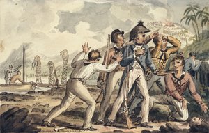 Kapteeni Burney löytää murhatut laivatoverinsa, kuva "Kapteeni Cookin matkat" tekijältä Isaac Robert Cruikshank
