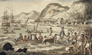 Kapteeni Cook laskeutuu Owyheeen, kuva elokuvasta "The Voyages of Captain Cook" tekijältä Isaac Robert Cruikshank