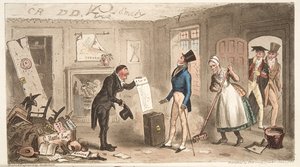 College Comforts, fuksi, joka ottaa huoneet haltuunsa, The English Spy -pubista. 1824 (käsinvärinen kaiverrus) tekijältä Isaac Robert Cruikshank
