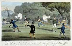 Kaksintaistelu pistoolilla sydämen asiasta - Charles Molloy Westmacottin teoksessa ”The english spy”, ill. Kirjailija: Robert Cruikshank, Lontoo tekijältä Isaac Robert Cruikshank