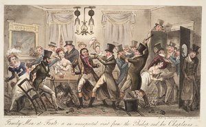 Perhemiehet syyllistyneet, tai piispan ja hänen kappalaistensa odottamaton vierailu, Englannin vakooja, pub. 1824 (käsinvärinen kaiverrus) tekijältä Isaac Robert Cruikshank