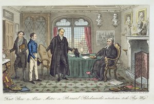 Ensimmäinen kumarrus Alma Materille eli Bernard Blackmantlen johdatus isoon peruukkiin Charles Molloy Westmacottin (1788-1868) Lontoossa vuonna 1825 julkaistusta Englannin vakoojasta. tekijältä Isaac Robert Cruikshank