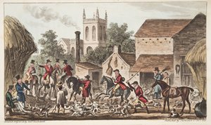Mennä ulos; Näkymä Berkeley Hunt Kennelistä, The English Spy -julkaisusta 1824 (käsinvärinen kaiverrus) tekijältä Isaac Robert Cruikshank