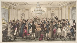 Modernin helvetin sisustus - vide. The Cogged Dice, The English Spy -pubista. 1824 (käsinvärinen kaiverrus) tekijältä Isaac Robert Cruikshank