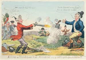 Tappamatta murhaa tai uusi ministeritapa kansakunnan asioiden ratkaisemiseksi!, 1809 (värietsaus) tekijältä Isaac Robert Cruikshank