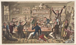 Oxford Transports, or University Exiles, englantilaisesta The English Spy -lehdestä, julkaistu Lontoossa 1824 (käsin väritetty kaiverrus). tekijältä Isaac Robert Cruikshank