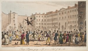 Surrey Collegians nostamassa lain osaa, The English Spy -julkaisusta, julkaistu Lontoossa, 1824 tekijältä Isaac Robert Cruikshank