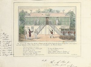John Morganin pidätys, Merchant, Esq., Singapore, lokakuu 1824, John Crawford Esq., asukas, entinen yrityspalveluiden tohtori, edesmennyt tuomioistuimen suurlähettiläs, Bangkok, Siam ja Umrapoorah, Burman valtakunta, toukokuu 1827 tekijältä Isaac Robert Cruikshank