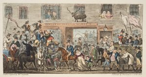 Koominen kulkue englantilaisesta The English Spy -teoksesta, pub. 1824 (käsin väritetty kaiverrus) Gloucester to Berkeley, julkaisusta The English Spy, pub. 1824 (käsin väritetty kaiverrus) tekijältä Isaac Robert Cruikshank