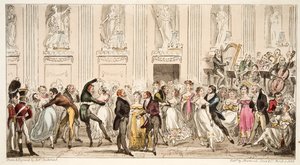 Cyprians Ball Argyle Roomsissa, The English Spy -pubista. 1824 (käsinvärinen kaiverrus) tekijältä Isaac Robert Cruikshank