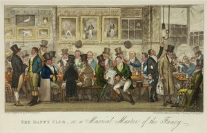 The Daffy Club tai Musical Muster of the Fancy, julkaistu vuonna 1824 (värilitho) tekijältä Isaac Robert Cruikshank