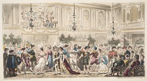 The Fancy Ball at the Upper Rooms, Bath, The English Spy, julkaistu Lontoossa, 1824 tekijältä Isaac Robert Cruikshank
