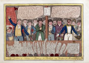 Vapaus vaaleissa tai suosion metsästys ja Maxwell, pub. G. Humphrey, 1818 (käsinvärinen kaiverrus) tekijältä Isaac Robert Cruikshank