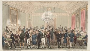 The Great Subscription Room Brookesissa, The English Spy -pubista. 1824 (käsinvärinen kaiverrus) tekijältä Isaac Robert Cruikshank