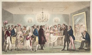 The Green Room of the Kings Theatre tai Jaloamatöörit katselemassa ulkomaisia uteliaisuutta, pubista The English Spy. 1824 (käsinvärinen kaiverrus) tekijältä Isaac Robert Cruikshank