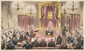 The House of Lords in High Debate, The English Spy, pub. 1824 (käsinvärinen kaiverrus) tekijältä Isaac Robert Cruikshank