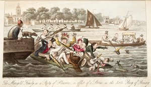 Marigold Family in the Party of Pleasure, tai myrskyn vaikutus pienellä Biskajanlahdella, The English Spy, pubista. 1824 (käsinvärinen kaiverrus) tekijältä Isaac Robert Cruikshank