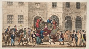 The Post Office Bristol, Lontoon postin saapuminen, englantilaisesta The English Spy -lehdestä, julkaistu Lontoossa 1824. tekijältä Isaac Robert Cruikshank