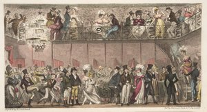 The Royal Saloon, Piccadilly tai Tunti oopperan jälkeen, Englannin vakoojista, julkaistiin vuonna 1824 (käsinvärinen kaiverrus) tekijältä Isaac Robert Cruikshank