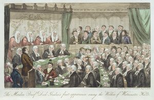 Neitsytteksti, Dick Gradusin ensimmäinen esiintyminen Westminster Hallin arvoisten joukossa, julkaistiin 1824 tekijältä Isaac Robert Cruikshank