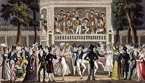 Ball Vauxhall Gardenissa Lontoossa c. 1830, kaiverrus tekijältä Isaac Robert & George (1792 1878) Cruikshank