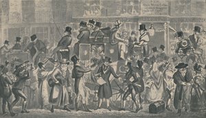 Outside White Horse Cellar, Piccadilly, 1821, 1920. Taiteilijat: Isaac Robert Cruikshank, George Cruikshank. tekijältä Isaac, Robert and George Cruikshank