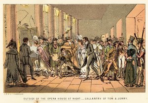 Oopperatalon ulkopuolella yöllä tekijältä Isaac, Robert and George Cruikshank