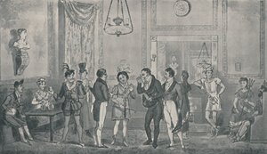 The Green Room Drury Lane -teatterissa, 1821, 1920. Taiteilijat: Isaac Robert Cruikshank, George Cruikshank. tekijältä Isaac, Robert and George Cruikshank