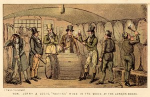 Tom, Jerry ja Logic maistelemassa viiniä metsässä London Docksissa tekijältä Isaac, Robert and George Cruikshank