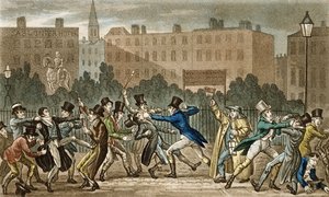 Tom, Jerry ja Logic mukana yötaistelussa, Pierce Eganin (1772-1849) teoksesta Life in London, 1821-22 (värillinen akvatinta)