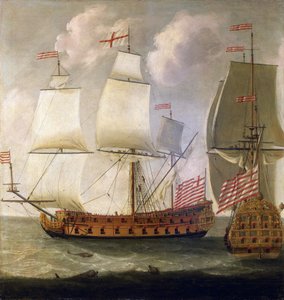 Kaksoiskuvaus aseistetusta "Indiaman"-aluksesta, joka on peräisin Itä-Intian komppanian englantilaisen kuninkaan Vilhelm III:n (William III) (1650-1702) ajalta.