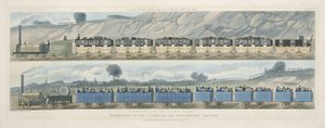 Matkustaminen Liverpoolin ja Manchesterin rautateillä: Ensimmäisen luokan vaunujen juna postin kanssa ja toisen luokan juna ulkopuolisille matkustajille, kaiverrus S.G. Hughes, 1831 (aquati