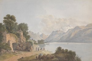 Vuoristoinen maisema järvellä, portilla ja hahmoilla tekijältä Isaac Weld