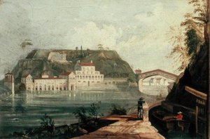 Fairmount Waterworks, W. H. Bartlettin n. 1835 kaiverrus (öljy kankaalle) tekijältä Isaac Williams