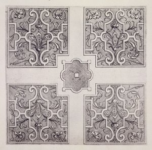 Parterre-suunnitelmat "The Gardens of Wiltonista", julkaistu n. 1645 (kaiverrus)