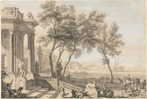 Fantastinen satamanäkymä arkkitehtuurilla ja hahmoilla, 1713.