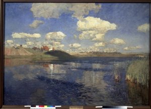 Järvi. Näkymä ruokojen reunustaman järven avaruuteen, rannoille, kylään ja viljelypelloille. Isaac (Isaak) Ilyich Levitan (1860-1900) maalaus öljy kankaalle tekijältä Isaak Ilyich Levitan