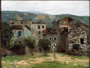 Lähellä Bordigheraa, Pohjois-Italiassa. (Lähellä Bordigheraa. Pohjois-Italiassa). Kuvaus rakennusryhmästä Liguriassa. Isaak (Isaac) Ilyich Levitan (1860-1900) teos, pastelli paperille tekijältä Isaak Ilyich Levitan
