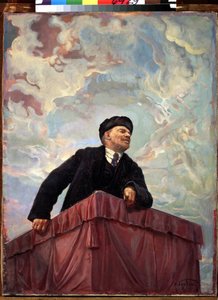 Muotokuva Vladimir Leninistä (Lenin) (1870-1924), venäläinen poliitikko ja vallankumouksellinen puhujakorokeella. 1927. Isaak Izrailevich Brodsky (Brodsky) maalaus (1884-1939). Pietari, Venäjän museo.